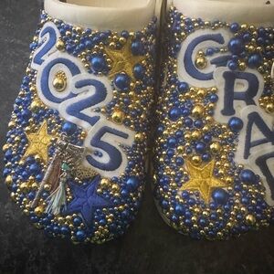 Blue and Gold Celestial Slippers with Beaded Embellishments